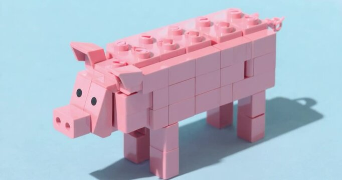 Pink pig constructed from interlocking square blocks