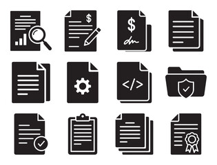 Documents and files solid glyph icon set for paperwork and report showing various designs for data storage contract and certificate vector symbols