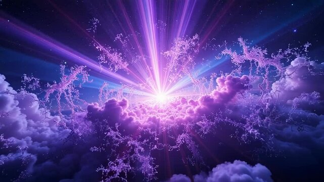 Abstract purple light rays emerging from dark clouds in night sky  