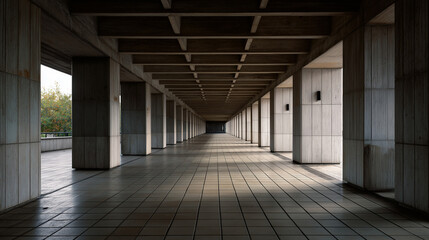 Covered portico corridor with repetitive columns and warm morning light, austere minimalist architecture evoking urban solitude