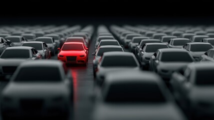 Obraz premium Red car stands out among rows of monotone vehicles in dark setting