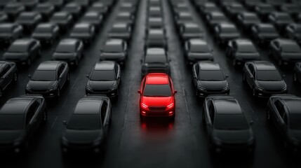 Red car standing out among rows of gray cars in monochromatic setting