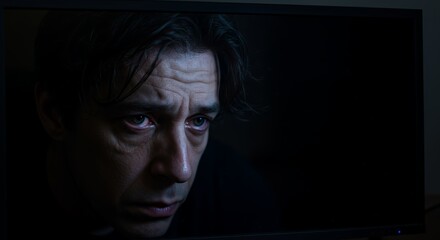 Pensive man's face fills the screen, his intense gaze and furrowed brow hinting at deep thought or inner turmoil.
