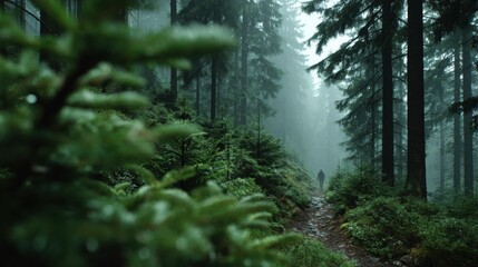 Obraz premium Misty forest trail surrounded by lush green pine trees and dense undergrowth