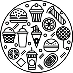 A circular arrangement of black and white line art icons depicting various food and drink items including burgers ice cream and drinks