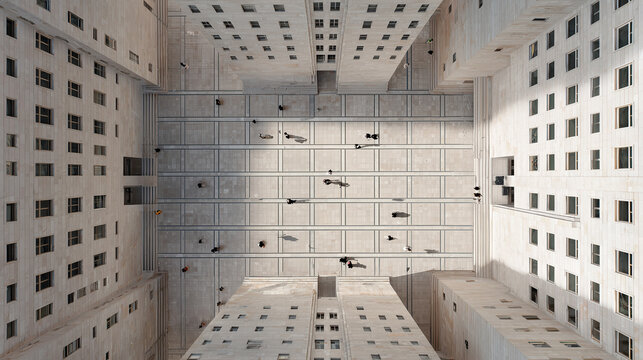 Aerial view of monumental rationalist plaza with geometric paving and isolated figures under soft morning light