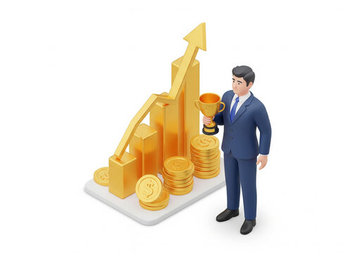 3d icon of successful businessman proudly standing and smiling face beside upward graph with pound sign gold coins , financial growth concept, minimal 3d style, business colors in gold