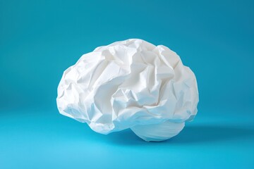 Creative representation of a brain made of crumpled white paper on a blue background, symbolizing innovative ideas and abstract thought processes