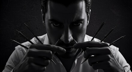 Mysterious man with sharp objects, intense gaze, dramatic black and white portrait.