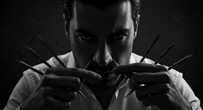 Mysterious man with sharp objects, intense gaze, dramatic black and white portrait.