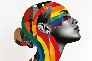 Abstract pride collage of female face with rainbow colors