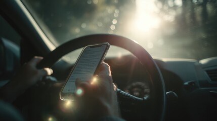 Person using a smartphone while driving through a sunlight path