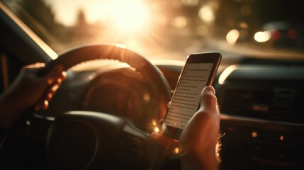 Person using a smartphone while driving under a glowing sunset