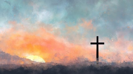 Cross silhouette under colorful sky with vibrant sunrise and serene clouds