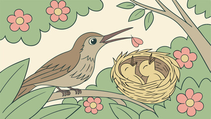 : Hummingbird Mother Feeding Tiny Chicks in a Flower Nest