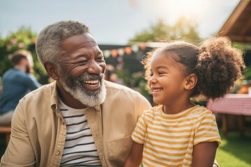 An authentic slice of American summer life, with a grandfather and his granddaughter sharing a happy moment at a festive family gathering.