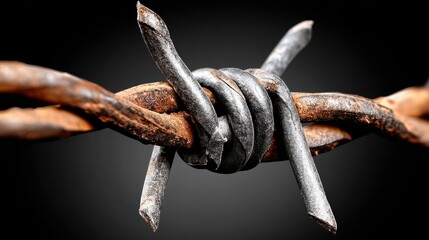 Close-up of rusty barbed wire knot on dark background, symbolizing restriction and security