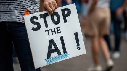 Person holding a protest sign against artificial intelligence implementations