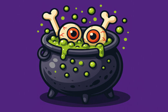 Halloween candy cauldron with eyeballs illustration for spooky themed design