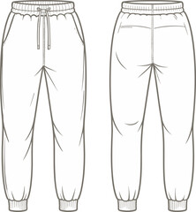 Relaxed, jogger, pants, technical, flat, vector, front, back, CAD, fashion, drawing, elastic, waistband, drawstring, pocket, cuff, hem, casual, comfortable, stylish, illustration