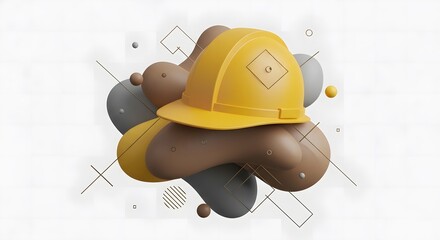 Yellow Hard Hat Abstract Composition with Brown and Gray Fluid Shapes