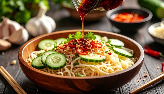 Chili Oil Being Poured Over Cold Noodles. Traditional Chinese Food