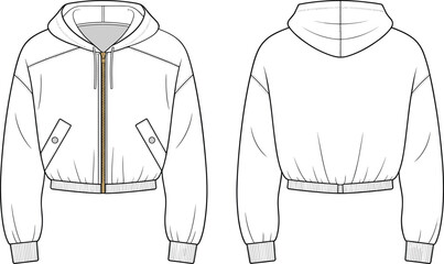Hoodie, zip, up, cropped, pocket, flap, front, back, technical, drawing, flat, vector, sketch, cad, design, fashion, template, detailed, line, illustration © Legend Monir