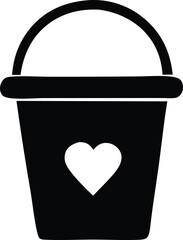 Simple black silhouette of a bucket with a white heart cutout on its side featuring a curved handle