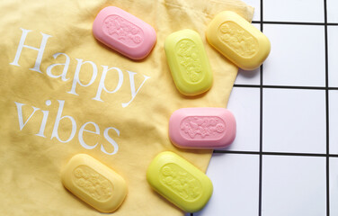 Various solid soaps, happy vibes, copy space