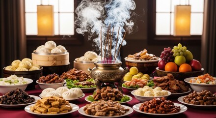 Fototapeta premium A Lavish Spread of Chinese Dumplings and Dishes