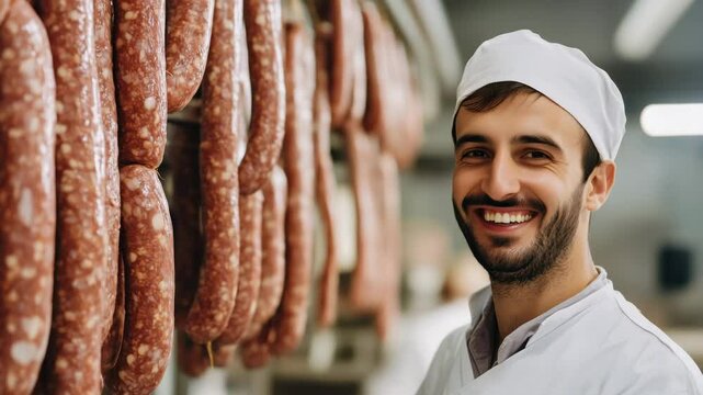 Portrait of a butcher smiling in his sausage factory