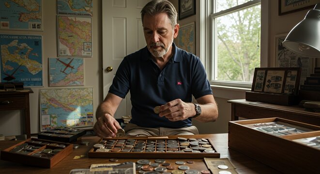 A man meticulously examines a collection of vintage coins, surrounded by antique maps and meticulously organized storage boxes in a dimly lit room.