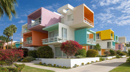Colorful Modern Building: A vibrant and contemporary building boasting a striking modern design with a playful palette of pastel colors. The unique architecture.