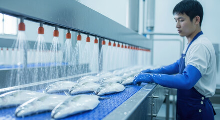 factory worker processing fresh fish on automated conveyor belt under water spray in modern seafood facility