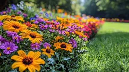 Obraz premium Vibrant Flower Bed with Yellow Orange Red Pink and Purple Blossoms in Lush Green Lawn Under Natural Light