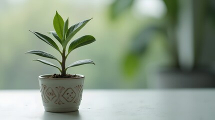 Obraz premium A small, healthy houseplant in a decorative pot sits on a table. A concept for indoor gardening, home decor, and creating a calm, green living space.