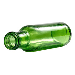 Empty green glass bottle lying on its side isolated on transparent background