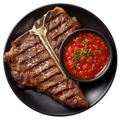 Juicy grilled t bone steak with tomato salsa and herbs isolated on transparent background