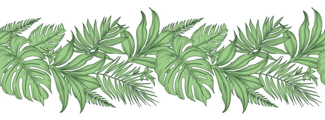 Lush floral border with tropical branches and leaves. Monstera and palm leaf. Seamless horizontal background with beautiful green garland of exotic plants. Vector illustration