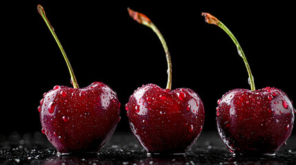 Juicy ripe cherry with water droplets, vibrant red on dark, fresh organic texture - nature's sweet perfection