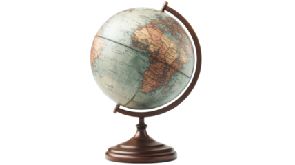 Exploring distant lands with a vintage globe showcasing intricate details of continents and oceans during a peaceful afternoon study session on transparent background