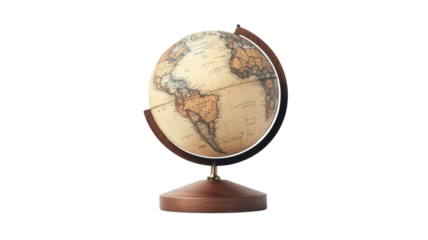 Classic vintage globe on wooden stand showcasing detailed map of the world for educational exploration and artistic decoration in any setting on transparent background