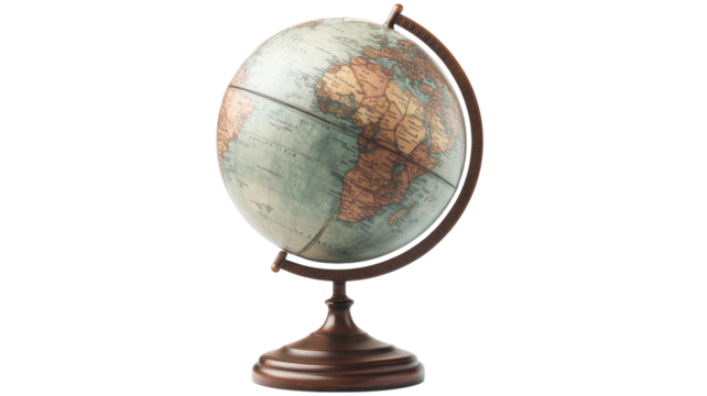 Exploring distant lands with a vintage globe showcasing intricate details of continents and oceans during a peaceful afternoon study session on transparent background