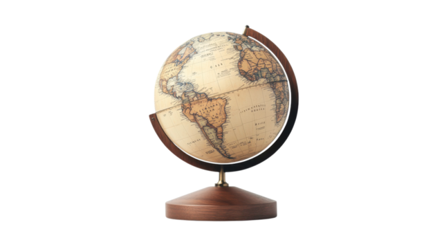 Classic vintage globe on wooden stand showcasing detailed map of the world for educational exploration and artistic decoration in any setting on transparent background