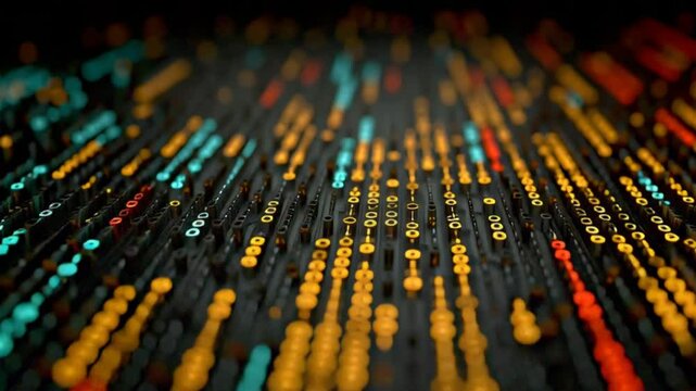 Abstract Digital Flow of Colorful Binary Code and Circuit Patterns Against a Dark Background Illustrating Technology and Data Processing Concepts