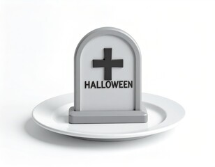 3D tombstone icon on a dish with Halloween text engraving, minimal cute style, white or soft blur background