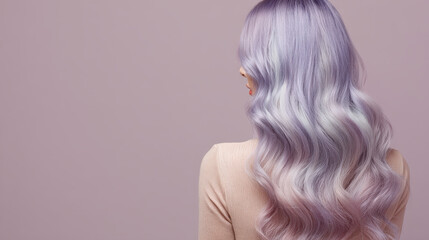 Fototapeta premium Ethereal Pastel Locks: A woman showcases her stunning, long, wavy hair that cascades down, colored in dreamy pastel shades. A mesmerizing view of beauty and style.
