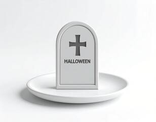 3D tombstone icon on a dish with Halloween text engraving, minimal cute style, white or soft blur background