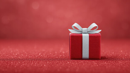Obraz premium Festive Red Gift: A neatly wrapped gift box with a pristine white ribbon, set against a sparkling ruby-red background, a visual delight, perfect for conveying the warmth of the season.