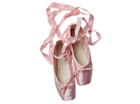 Pink ballet pointe shoes with ribbons on black background, Isolated On Transparent Background, Png Cut Out
